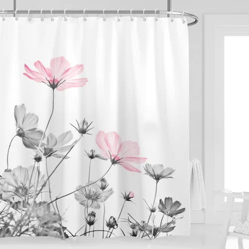 Miniatura 40 de Cortina de ducha de 72" x 72" con flores grises y rosas, gris y blanco, flores silvestres, margaritas, plantas, pintura de tinta, botánica