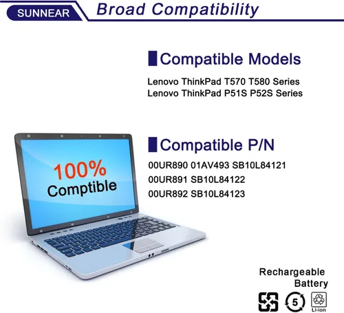 Miniatura 5 de 00UR891 SB10L84122 Reemplazo de batería para Lenovo ThinkPad T570 T580 P51S P52S ytpe 20H9 20HA 20JX 20JW 20L9 20LA Series batería interna 00UR890
