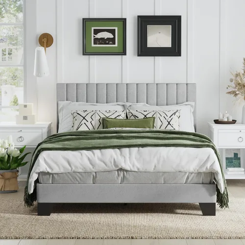 Miniatura 13 de Marco de cama tamaño Queen, cama plataforma tapizada en terciopelo con cabecero acolchado ajustable, marco resistente y listones, silencioso,