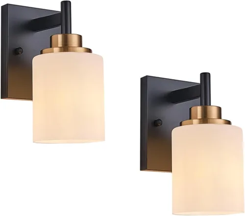 Miniatura 7 de Apliques de pared para baño negros y dorados, juego de 2 1 luz, 4.375 pulgadas de ancho, lámpara de tocador de vidrio blanco - Montaje de pared
