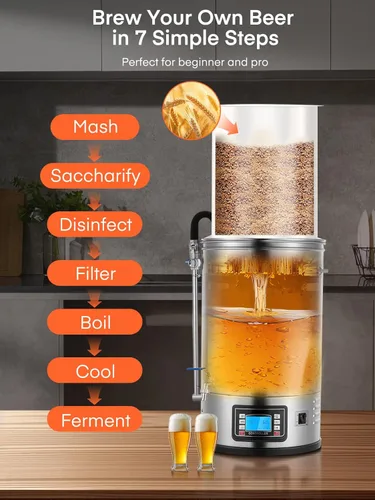 Miniatura 3 de FOHERE Sistema de elaboración de cerveza eléctrico todo en uno (9.2 galones/35L), cervecera casera de acero inoxidable, olla para puré y hervir