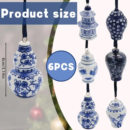 Miniatura 2 de 6 adornos chinos – Adornos colgantes de porcelana azul y blanca – Adornos de cerámica para árbol de Navidad y decoración de otoño (estilo clásico)