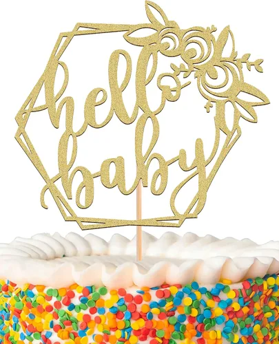 MYAMPED Hello Baby Cake Topper - Dorado, 1 unidad, 8.6 x 5.9 pulgadas, no comestible, Baby Shower