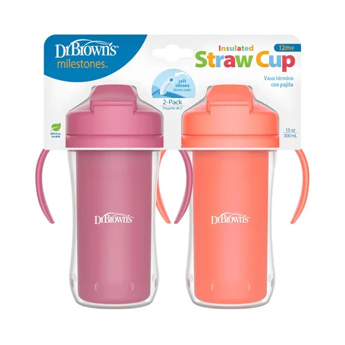 Dr. Brown's Milestones - Vaso aislado con popote y asas, vaso a prueba de derrames con tapa, rosa/coral, 10 onzas, sin BPA, 39.4 ft+, paquete de 2