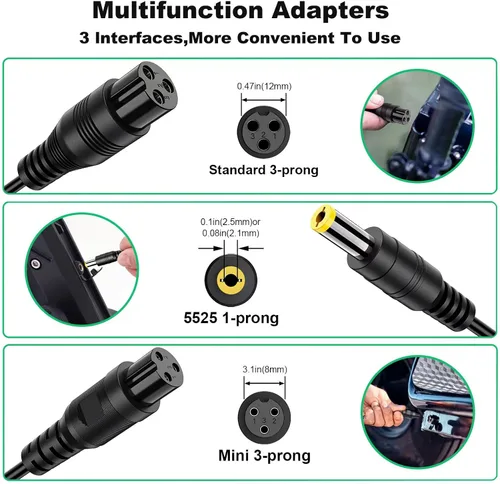 Miniatura 4 de Cargador de repuesto 36V/42V2A, 3 en 1 (0.217 in x 0.098 in / 0.083 in universal) y puerto hembra de 3 garras (0.472 in/0.315 in), compatible