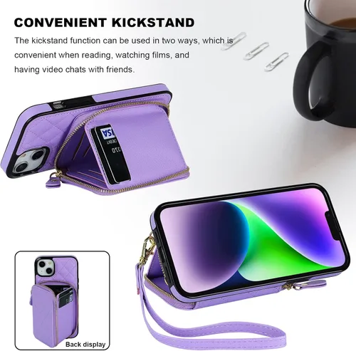 Miniatura 5 de Bocasal Funda tipo cartera cruzada para iPhone 14 Plus, bloqueo RFID, de piel sintética, con cremallera, funda tipo cartera con función atril