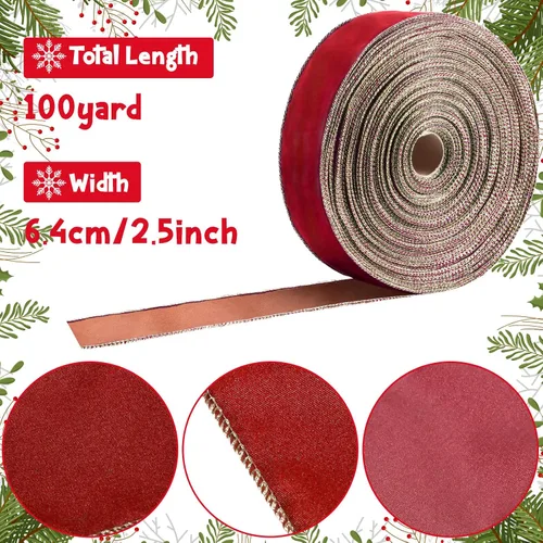 Miniatura 2 de Cinta de terciopelo de Navidad de 100 yardas, cinta ancha de Navidad con cable, cinta de Navidad para exteriores, impermeable, envoltura