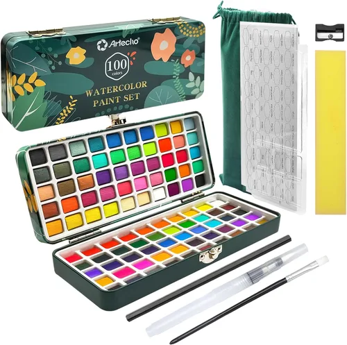 Miniatura 10 de Artecho Juego de pintura de acuarela de 50 colores, juego de acuarela de viaje con papeles de acuarela y pinceles, ideal para aficionados