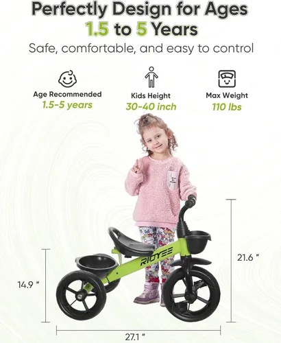 Miniatura 6 de RIDYEE Triciclo para niños de 1.5 a 5 años, triciclo para edades de 2 a 4 años, distancia entre ejes trasera extra ancha para estabilidad, triciclos