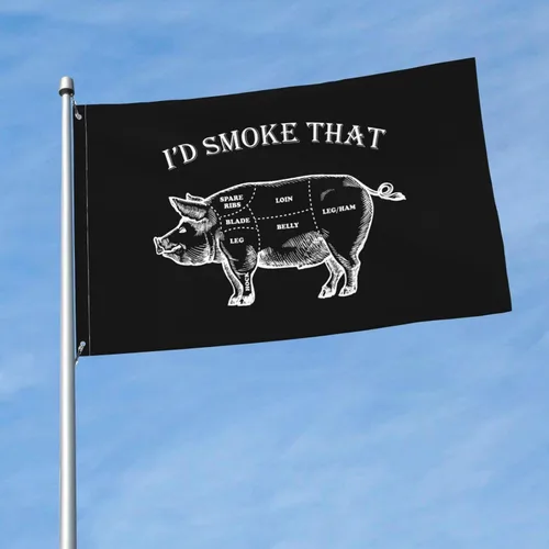 Miniatura 2 de Bandera de barbacoa divertida con texto en inglés "I'd Smoke That Pig" de 3 x 5 pies, colores vivos y resistentes a la decoloración UV, banderas