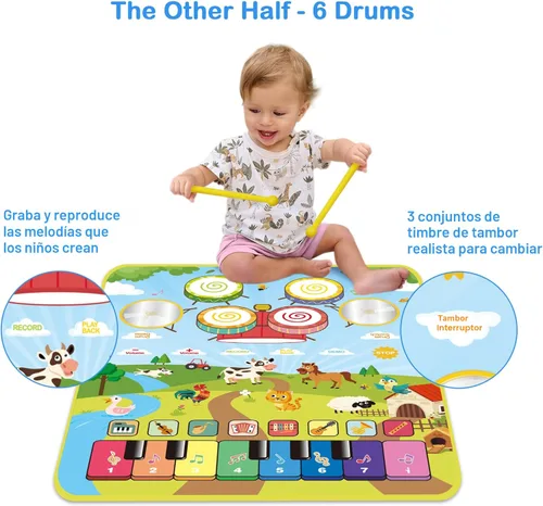 Miniatura 3 de FOKI Alfombrillas de piano, 3 en 1, tapete de juego musical de animales con piano y tambor para juguetes Montessori sensoriales de aprendizaje Agua