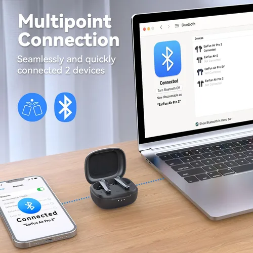 Miniatura 5 de Auriculares EarFun Air Pro 3 con cancelación de ruido, sonido adaptativo Qualcomm® aptX™, 6 micrófonos CVC 8.0 ENC, auriculares Bluetooth 5.3