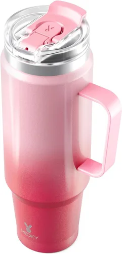 Miniatura 21 de Meoky - Vaso de 32 onzas con asa, taza de viaje de acero inoxidable con pajilla y tapa 2 en 1, taza de café con aislamiento al vacío, 100% a prueba