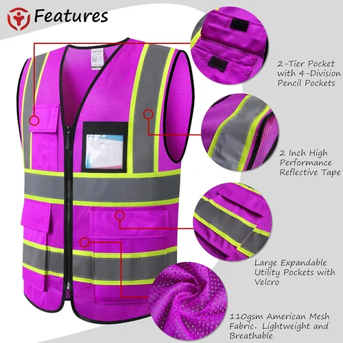 Miniatura 3 de Chaleco de seguridad reflectante de alta visibilidad para hombres y mujeres con bolsillos y cremallera frontal, cumple con los estándares ANSI/ISEA