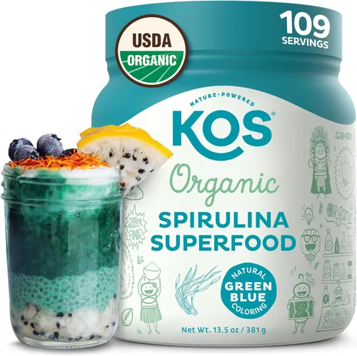 KOS Polvo de espirulina orgánica – Certificado orgánico por USDA, 109 porciones de superalimento en polvo para batidos y jugos, algas azules verdes