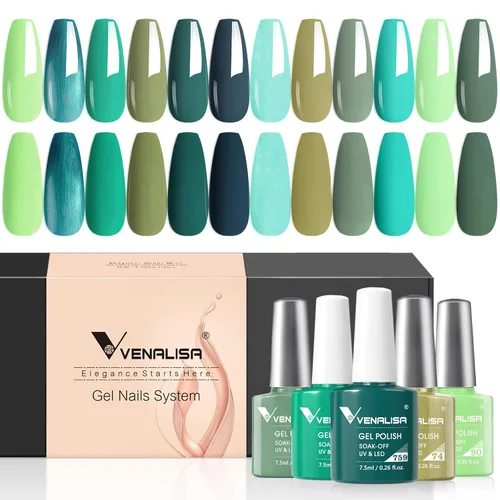 VENALISA - Juego de 12 esmaltes de uñas de gel verde, verde salvia, esmeralda, verde oliva, verde claro, de alto brillo, para manicura francesa,