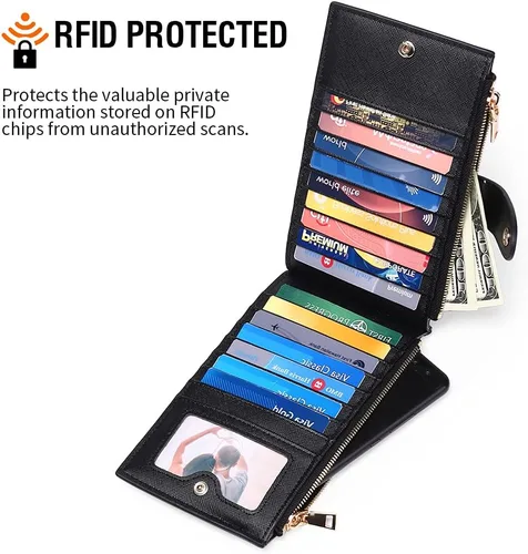 Miniatura 3 de GOIACII - Carteras para mujer de dos pliegues con bloqueo RFID y 2 bolsillos con cremallera, Negro, M