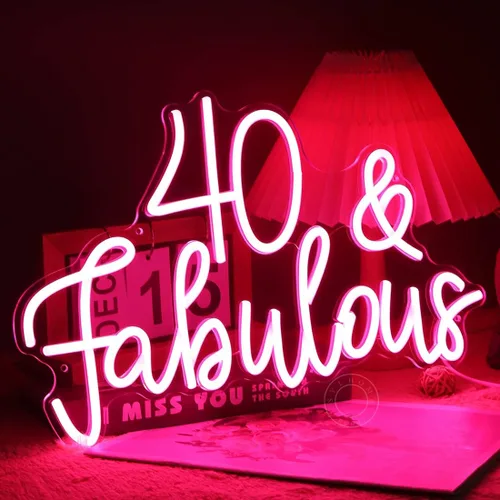 Miniatura 6 de SYLHOME Letrero de luz de neón LED rosa de 40 y fabuloso, letrero de decoración de pared para fiesta de cumpleaños de cuarenta años, letrero