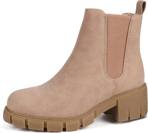 Miniatura 25 de starmerx Botines de plataforma para mujer, botas Chelsea elásticas, tacón medio, botines sin cordones
