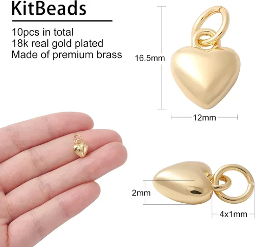 Miniatura 2 de KitBeads 10 dijes de corazón chapados en oro real de 18 quilates de latón dulce amor, mini colgantes 3D para el día de San Valentín para hacer