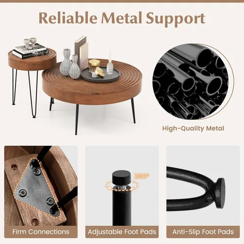 Miniatura 6 de Giantex Juego de 2 mesas auxiliares redondas bohemias, mesa anidable lateral para sofá con parte superior de madera de pino maciza, patas de metal