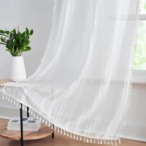 Miniatura 3 de Paneles de cortina cortos de encaje blanco transparente con borlas, cortinas bohemias para sala de estar, diseño de patrón geométrico bordado