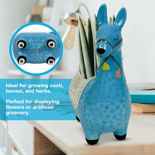 Miniatura 5 de Maceta de llama de cerámica para plantas suculentas, bonita decoración de alpaca para el hogar, oficina, 8 1/2 pulgadas de alto con agujeros de Azul