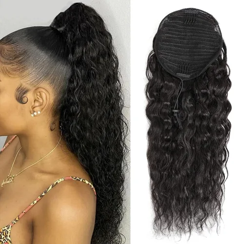 Miniatura 20 de Cola de caballo de cabello humano rizado con cordón brasileño Remy Extensin 3C Kinky Curly Hair Clip en pieza de pelo color natural sedoso suave 10