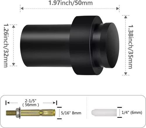 Miniatura 4 de KOLAKO Topes de puerta, topes de puerta de piso, (2 pulgadas) negro mate moderno resistente sólido pequeño cilíndrico parachoques de goma, acero