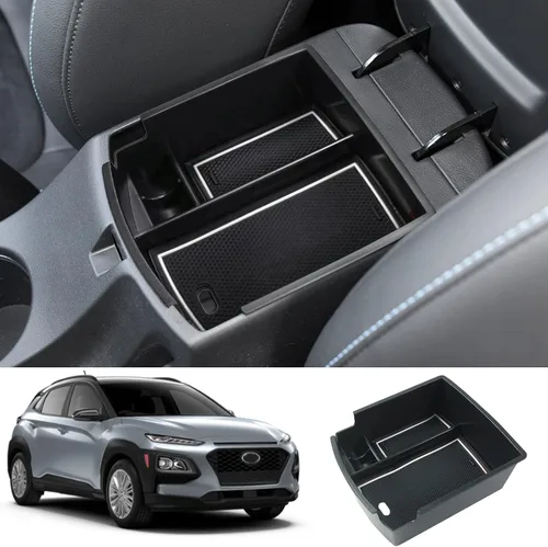 Miniatura 9 de Accesorios interiores Hyundai Kona 2018-2022, organizador de consola central con ribete azul con caja de almacenamiento y bandeja de inserción
