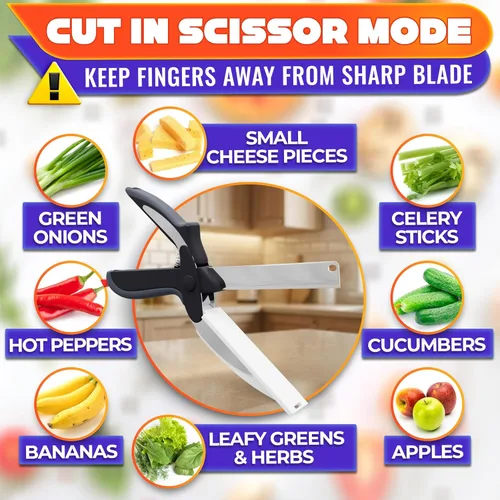 Miniatura 7 de Tijeras de cocina 2 en 1 para alimentos – Cuchillo de tomate de acero inoxidable de 9.5 pulgadas para picar verduras, frutas, queso, carne