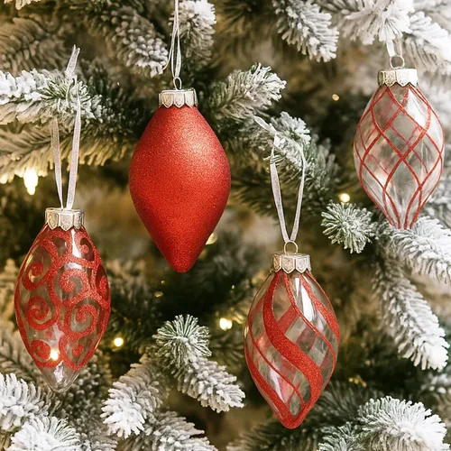 Miniatura 4 de Paquete de 28 adornos navideños de bolas rojas y doradas para decoraciones de árbol - Juego de bolas de plástico irrompibles, carámbanos y copos