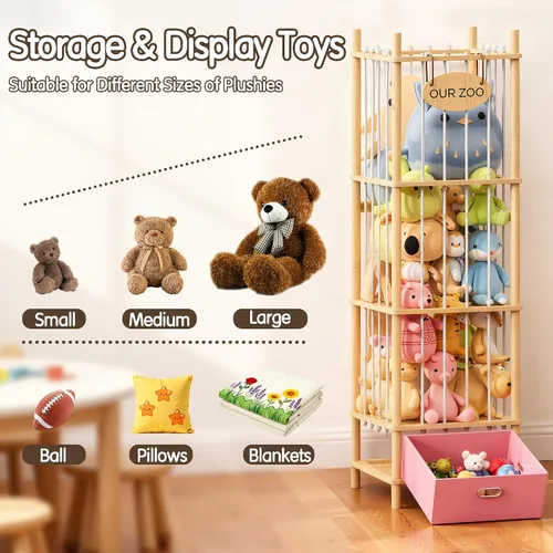 Miniatura 6 de Brelley Organizador de almacenamiento de juguetes de madera para animales de peluche con cajón, cofre grande para juguetes con animal de peluche