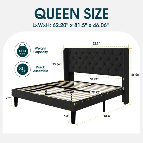 Miniatura 2 de WEEWAY Base de cama tapizada de tamaño matrimonial con cabecera copetuda con respaldo de alas, plataforma moderna con soporte de listones de madera