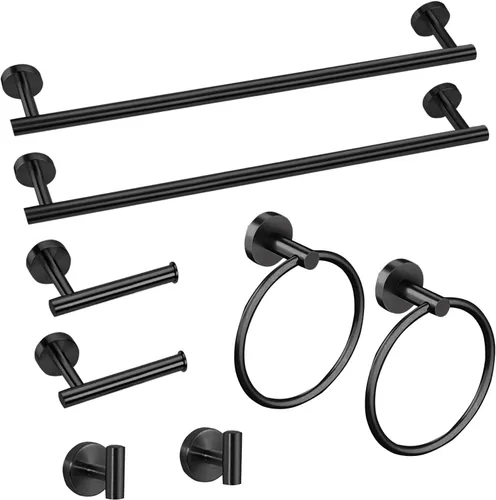 Cilee Juego de 8 piezas de accesorios de baño negro mate, barra de toalla de baño de 24 pulgadas, anillo de toalla, soporte para papel higiénico +