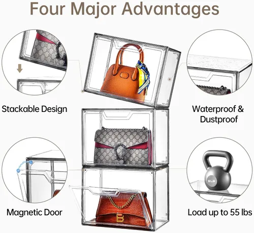 Miniatura 9 de Organizador de bolso para armario, vitrina de acrílico transparente para organizador de bolso, caja de almacenamiento de monedero con puerta