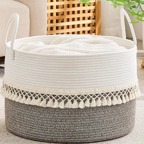 Miniatura 29 de KAKAMAY Cesta grande para manta (20 x 13 pulgadas), cestas tejidas para almacenamiento de ropa sucia de bebé, canasta de manta de cuerda de algodón