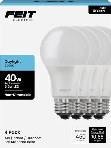 Miniatura 12 de Feit Electric Bombillas LED A19, equivalente a 40 W, no regulables, 450 lúmenes, base estándar E26, blanco suave de 2700 K, 80 CRI, vida útil de 10