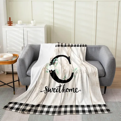 Miniatura 28 de Erosebridal Flower Initial S Flannel Blanket White Floral Flowers Fleece Blanket,40"X50",Personalized Letters Fuzzy Plush Throw for Sofa Beige Negro
