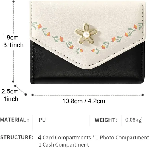 Miniatura 4 de Cartera de piel sintética para mujer y niña, con diseño de flores, de tres pliegues, delgada, pequeña, con tarjetero para dinero en efectivo, Negro