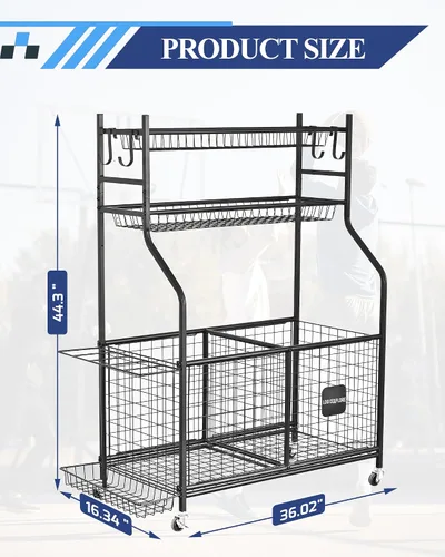 Miniatura 3 de Organizador de almacenamiento de equipos deportivos con ruedas rodantes, carrito de almacenamiento de pelota de garaje para baloncesto, fútbol