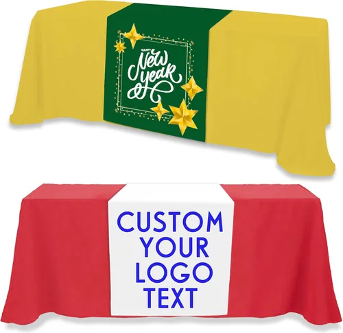 Camino de mesa personalizado con logotipo de empresa de hasta 36 x 72 pulgadas, caminos de mantel personalizados para eventos de bodas y ferias (36