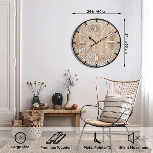 Miniatura 2 de Reloj de pared grande de granja, reloj de pared de madera rústica de 24 pulgadas decorativo con círculo de metal y números grabados, funciona