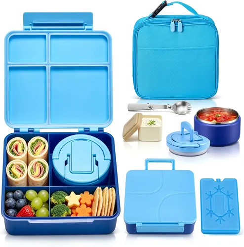 Miniatura 11 de Lonchera Bento con termo de sopa de 8 onzas, a prueba de fugas, 4 compartimentos, para niños, con taza de salsa y bolsa de hielo, tarro de comida