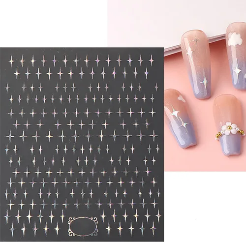 Miniatura 8 de 8 hojas de calcomanías de arte de uñas Aurora para mujeres, niños y niñas, láser de estrella plateada, serpiente, flor, conejo, corazón, diseño