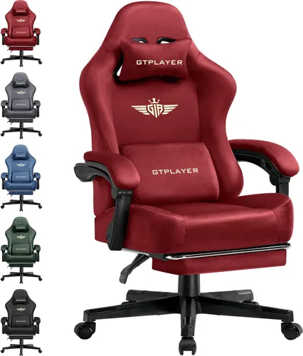 Miniatura 19 de GTPLAYER Silla de juegos grande y alta de tela con cojín de resorte de bolsillo, silla ergonómica de computadora de respaldo alto con reposapiés