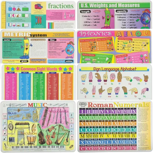 Painless Learning Manteles individuales educativos para fracciones infantiles, sistema métrico, palabras comunes, música, pesos y medidas