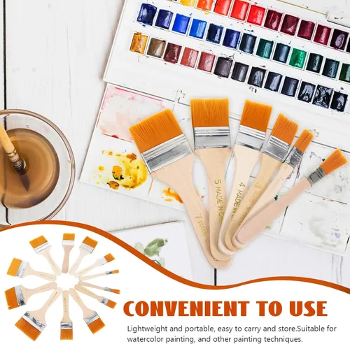 Miniatura 3 de EXCEART Juego de 12 pinceles de pintura para niños, mango de madera de nailon plano para pintura al óleo, suministros de arte para fregar la pared