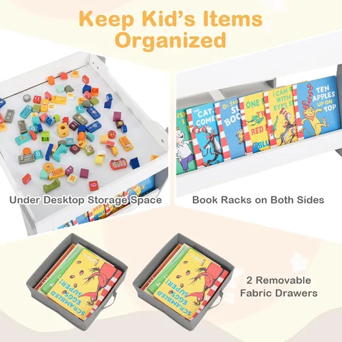 Miniatura 4 de HONEY JOY Mesa y sillas para niños, juego de actividades de madera 4 en 1 para niños con libreros dobles, almacenamiento, tablero desmontable