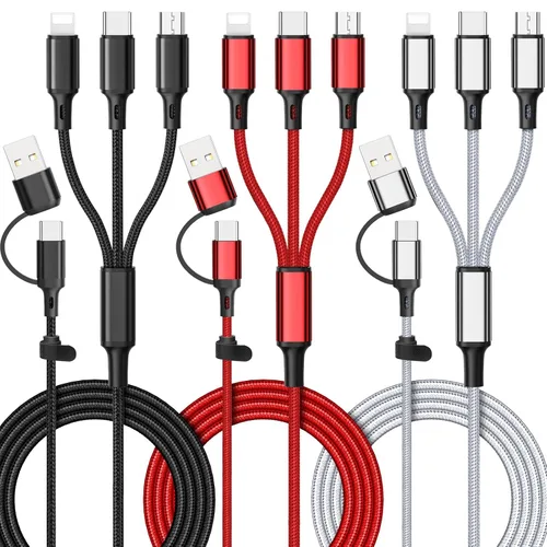 Miniatura 9 de Cable de carga múltiple 6 en 1 [3 unidades de 4 pies] Cable de carga rápida de nailon trenzado múltiple USB A/C a teléfono USB C/Micro USB/i-P Cable